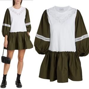 TANYA TAYLOR Kirstie Puff-Sleeve Drop-Waist Mini Dress Olive Green Size XS NEW